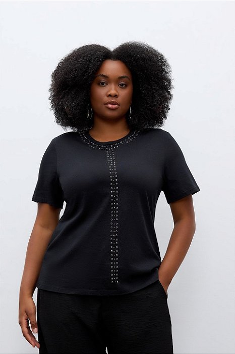 Blusa Preta Em Malha De Algodão Com Termocolante Elegance All Curves - 035543