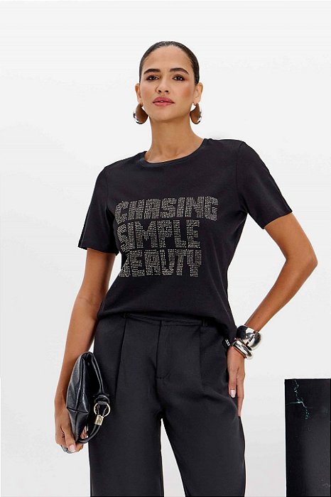Blusa Preta Em Algodão Com Termocolante Elegance All Curves - 035432