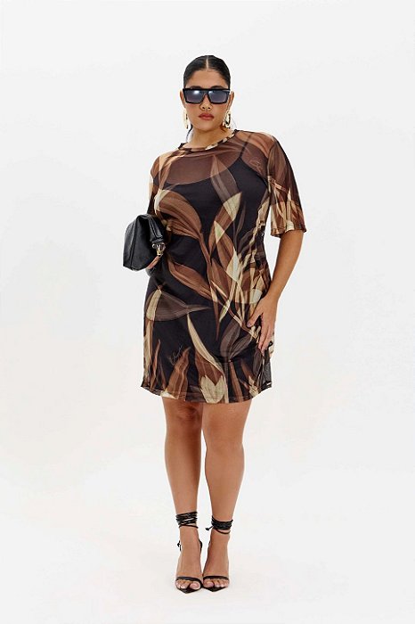 Vestido Estampado Em Tule De Manga Curta Elegance All Curves - 053542