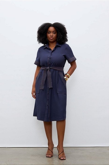 Vestido Chemise Azul Em Viscopoly Acompanha Faixa Elegance All Curves - 053750