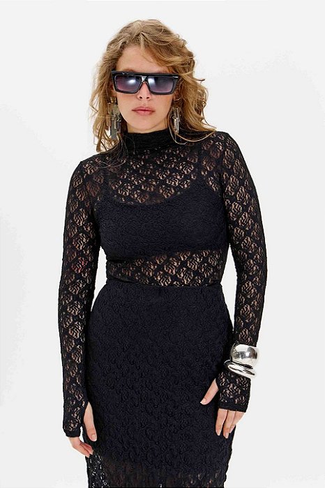 Blusa Preta Em Renda De Manga Longa Com Gola Alta Elegance All Curves - 035400