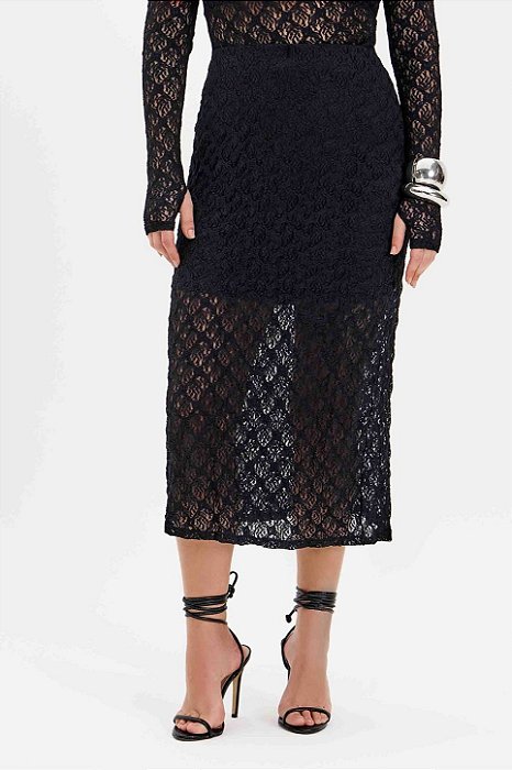 Saia Maxi Midi Preta Em Renda Elegance All Curves - 042289