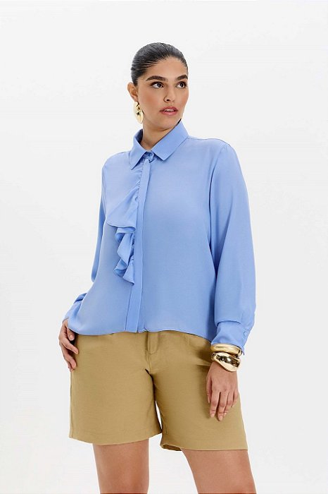 Camisa Azul Em Crepe Com Babado Assimétrico Elegance All Curves - 069251