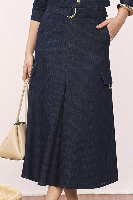 Saia Midi 80 Cm Jeans Evasê Listrada Acompanha Faixa Titanium - 28174