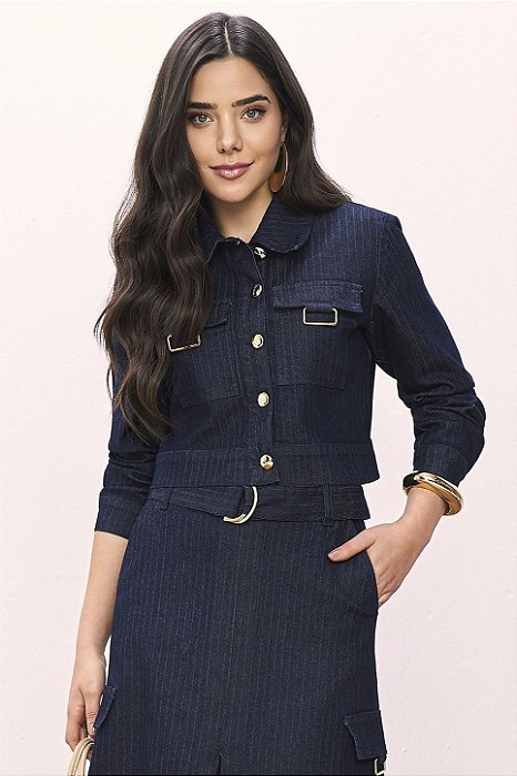 Jaqueta Jeans Listrada Com Botões E Bolsos Frontais Funcionais Titanium - 28172