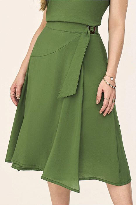 Saia Midi Verde Transpassada Em Viscopoly Laura Rosa - 811217