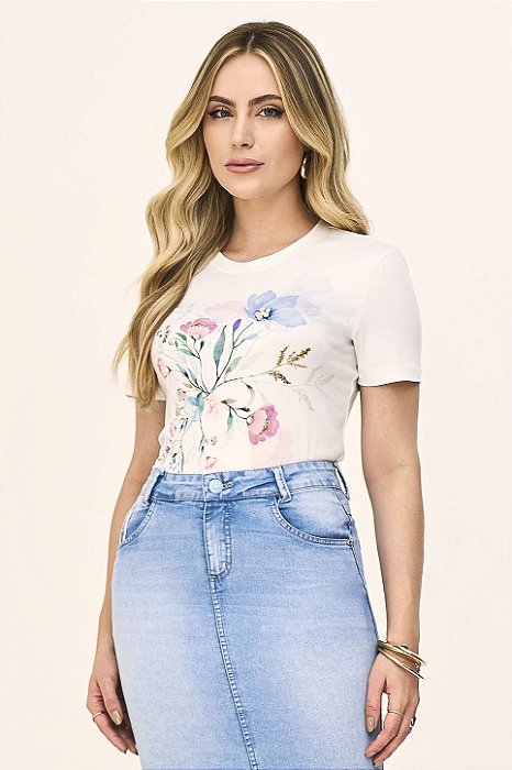 T-Shirt Off White Com Estampa Frontal Em Malha Com Pérolas Laura Rosa - 811171