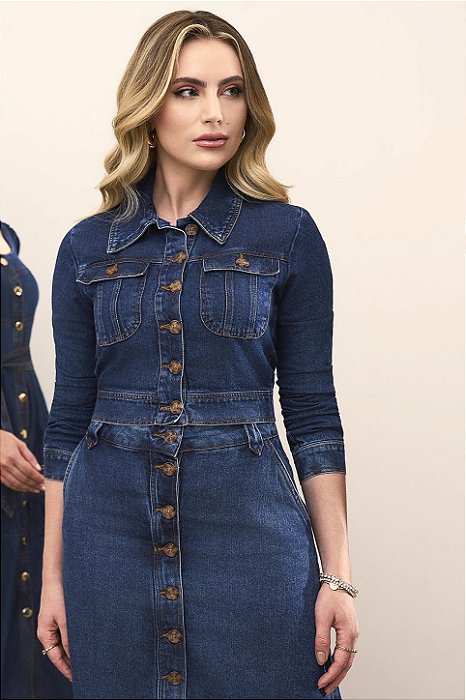 Jaqueta Jeans Com Botões E Bolsos Frontais Funcionais Laura Rosa - 811191