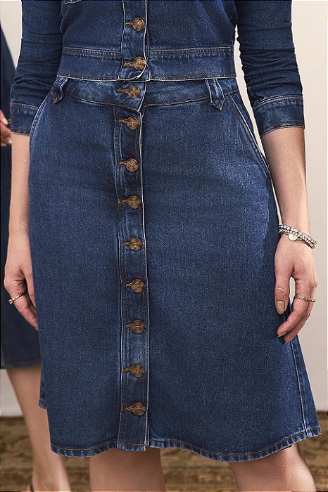 Saia Jeans Evasê Com Botões E Bolsos Frontais Laura Rosa - 811192