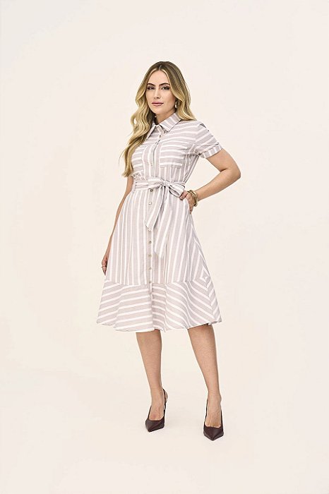 Vestido Midi Chemise Listrado Em Tricoline Acompanha Faixa Laura Rosa - 811242