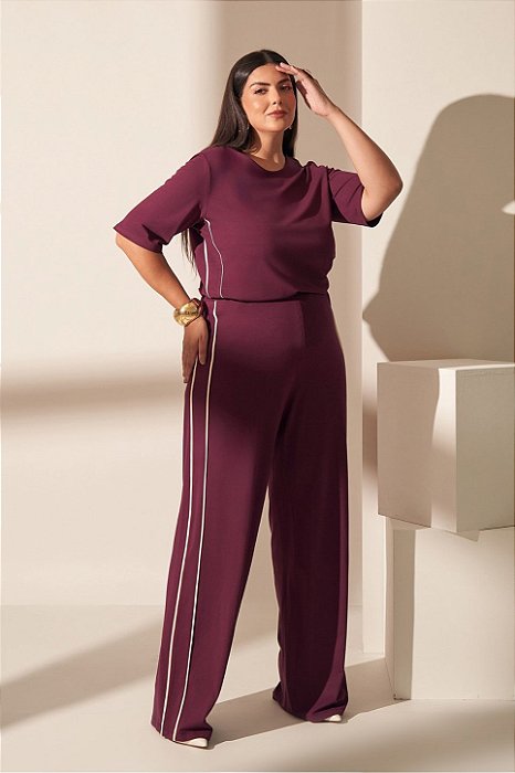 Conjunto De Calça Marsala Moletinho Com Vivo Off White Vocco Plus - 69432