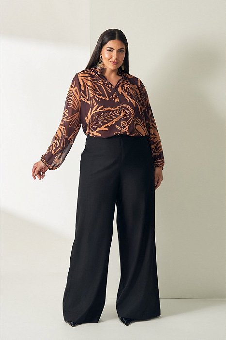 Blusa Plus Size Estampada Em Chiffon De Manga Longa Vocco Plus - 69458