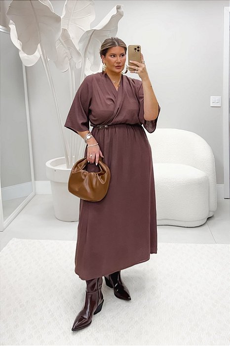 Vestido Plus Size Maxi Midi Marrom Transpassado Vocco Plus - 86859