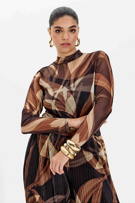 Blusa Estampada Em Tule De Manga Longa E Gola Alta Elegance All Curves - 035437