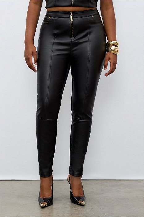 Calça Preta Em PU E Malha Crepe Com Zíper Frontal Elegance All Curves - 022521
