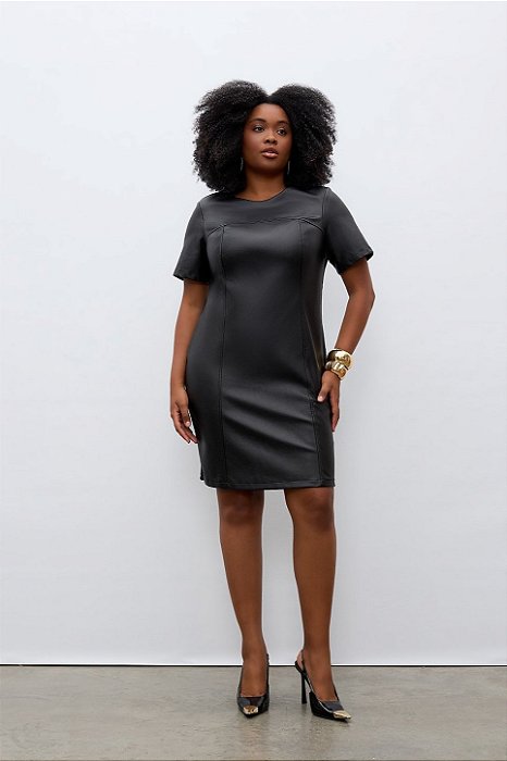 Vestido Preto Em PU E Malha Crepe De Manga Curta Elegance All Curves - 053616