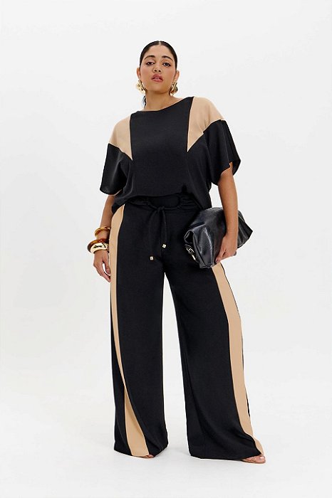 Conjunto De Calça Pantalona Preto Com Recortes Bege Elegance All Curves - 091278