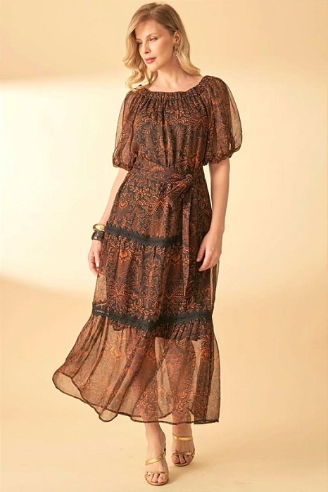 Vestido Maxi Midi Estampado Com Detalhe De Entremeios E Acompanha Faixa - 1328