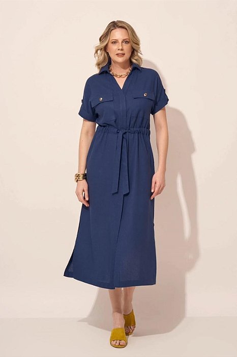 Vestido Chemise Maxi Midi Azul Em Viscolinho Com Bolsos Frontais E Laterais - 2541