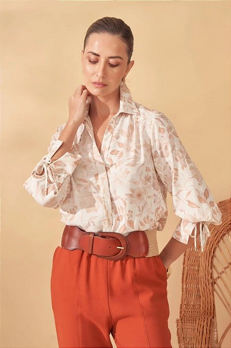 Camisa Estampada Em Viscose De Manga Longa Com Amarração - 3659