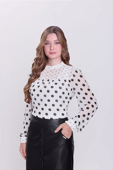 Blusa Off White Com Poá Preto De Manga Longa Em Chiffon Hapuk - 21898
