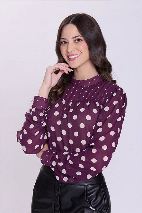 Blusa Roxa Com Poá Off White De Manga Longa Em Chiffon Hapuk - 21898