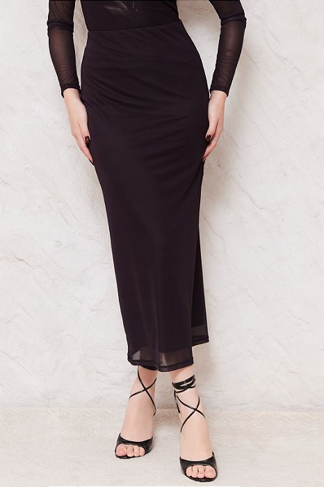 Saia Maxi Midi Preta Em Tule Com Elástico Na Cintura Doce Trama - 107330
