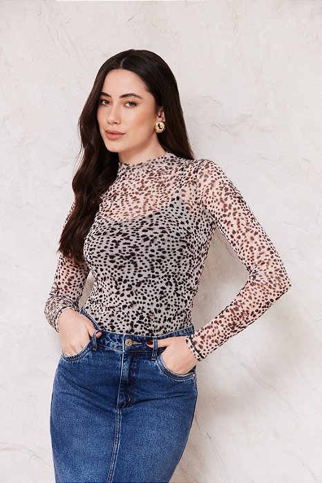 Blusa Estampada Em Tule De Gola Alta E Manga Longa Doce Trama - 107327