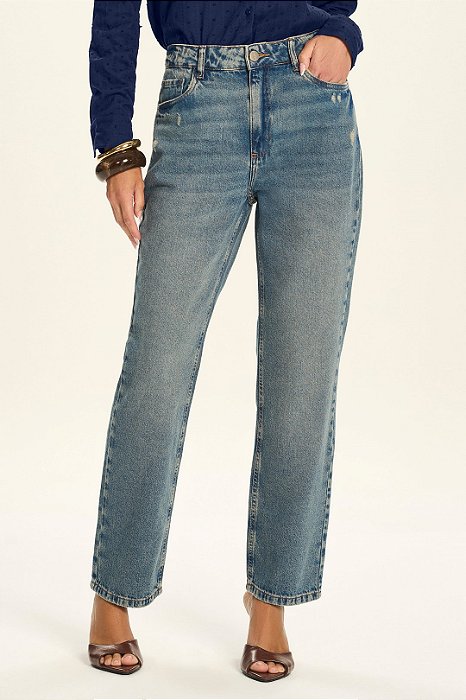 Calça Reta Slim Em Jeans Médio Com Bolsos Frontais E Traseiros Doce Trama - 106675 R003