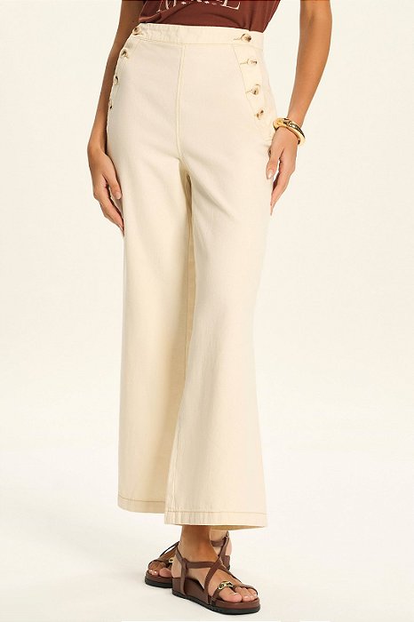Calça Pantalona Cropped Trendy Em White Denim Com Botões Frontais Doce Trama - 106503