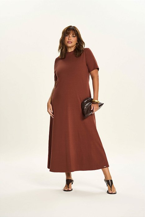 Vestido Maxi Midi Marrom Em Malha Algodão Com Elastano Doce Trama - 106886