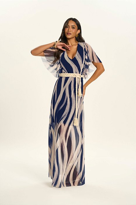 Vestido Longo Estampado De Azul Em Tule E Acompanha Cordão Doce Trama - 106721