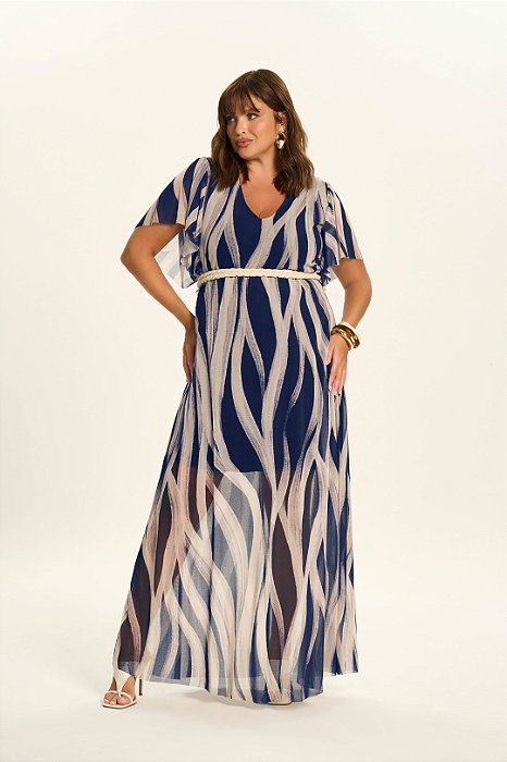 Vestido Plus Size Longo Estampado De Azul Em Tule E Acompanha Cordão Doce Trama - 106721