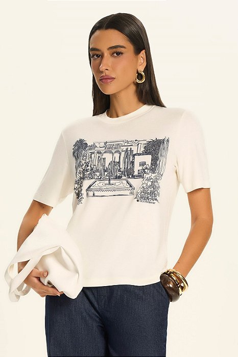 T-Shirt Off White Em Malha Com Estampa Frontal Azul Doce Trama - 106762