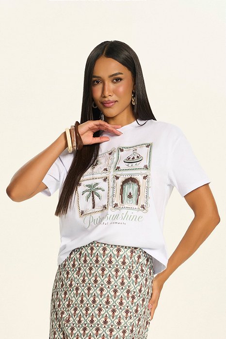 T-Shirt Off White Com Estampa Frontal Em Meia Malha Pure Sunshine Doce Trama - 106792