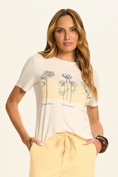T-Shirt Cru Com Estampa Frontal Em Meia Malha Viscolinho Doce Trama - 106807