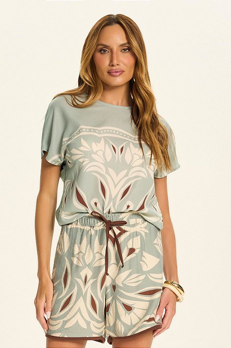 Blusa Verde Água Com Estampa Frontal E Manga Curta Morcego Doce Trama - 106877