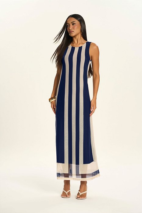 Vestido Sem Manga Maxi Midi Listrado De Azul E Off White Em Tule Doce Trama - 106753