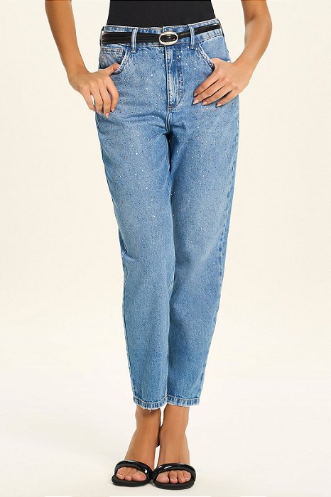Calça Jeans Mom Cropped Com Termocolantes Doce Trama - 106666