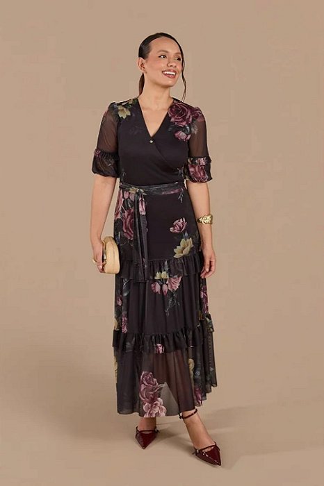 Vestido Maxi Midi Floral Em Tule Transpassado E Acompanha Faixa Jany Pim - 6674