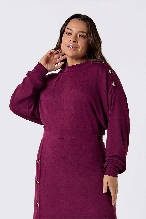 Blusa Plus Size Burgundy De Manga Longa Com Gola Alta E Detalhe De Botões - 23384