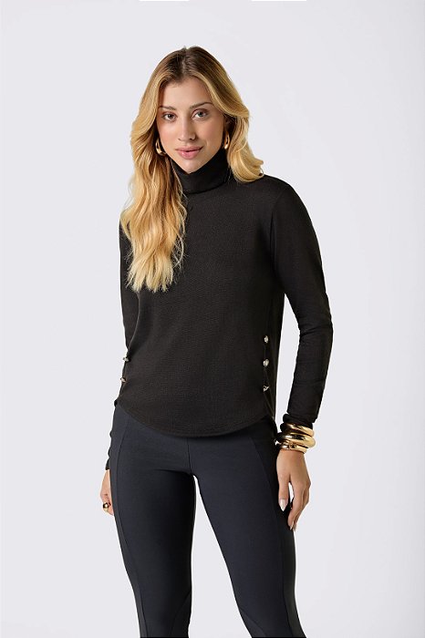 Blusa Preta Em Malha Tricot Com Gola Alta E Detalhe De Botões Frontais - 13930