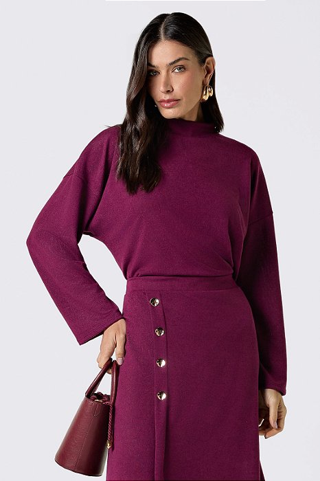 Blusa Burgundy De Manga Longa Com Gola Alta E Detalhe De Botões - 14004