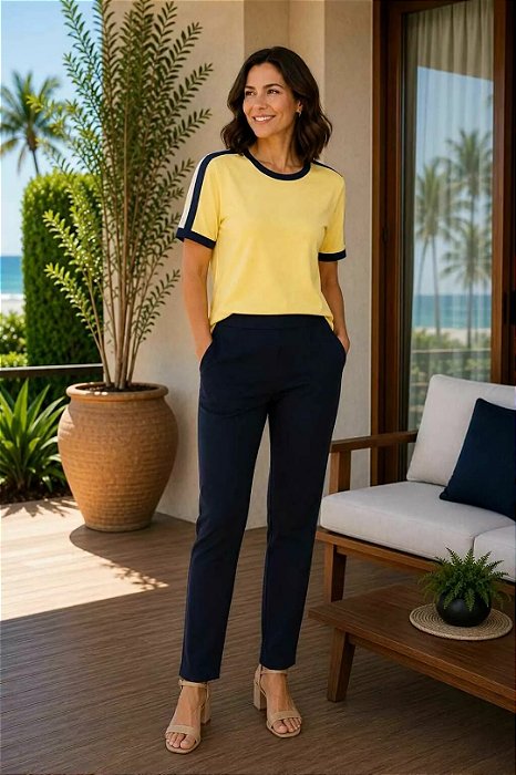 Conjunto De Calça Azul Em Moletinho E Blusa Amarela Em Malha - 9984158