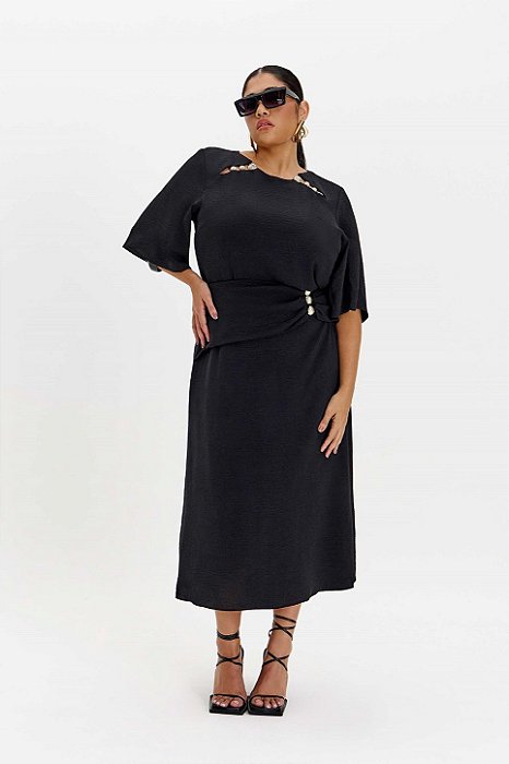 Conjunto De Saia Midi Preta Em Crepe Com Detalhe Dourado Elegance All Curves - 091281