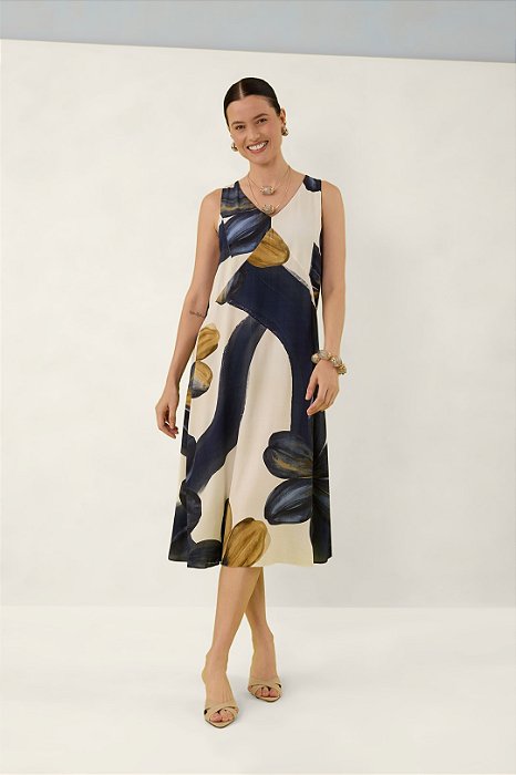 Vestido Midi Estampado Em Viscose Sem Manga Com Decote V - C0274