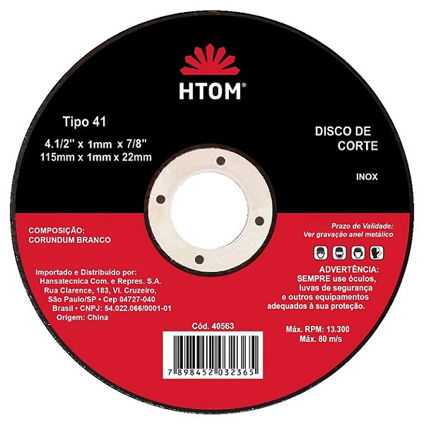 ​​​​​​​Disco Fino para Inox/Metal 1mm 4.1/2'' HTOM