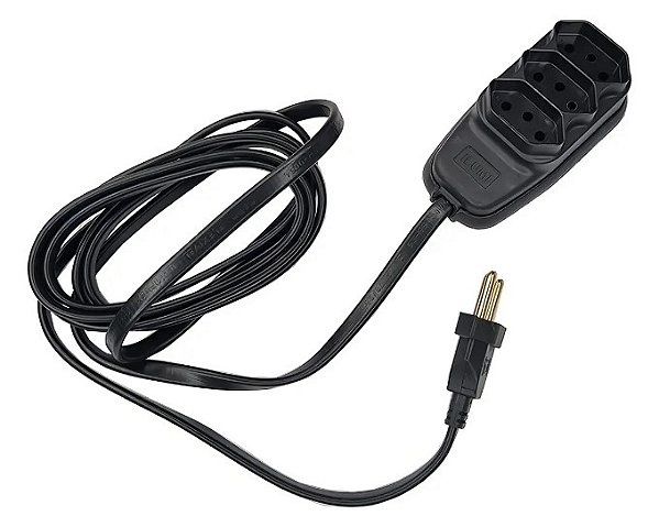 Extensão Cabo PP Chato Com 3 Tomadas 2P+T 10A 8m Preto Ilumi