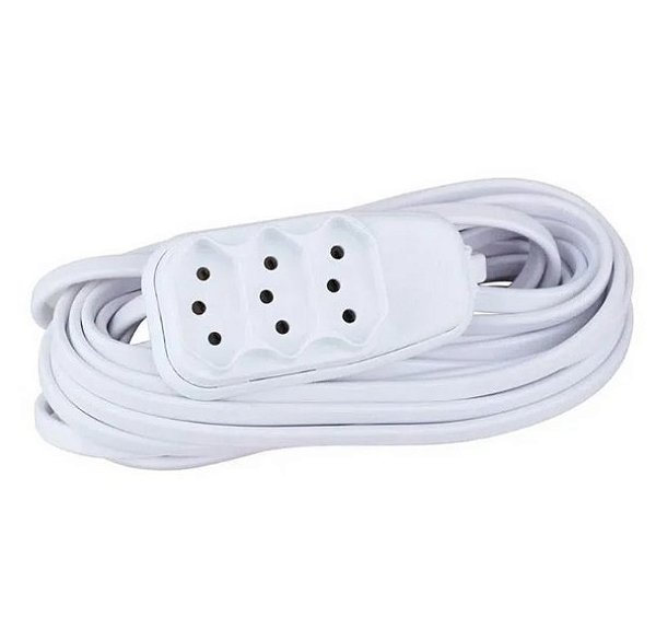 Extensão Cabo PP Chato Com 3 Tomadas 2P+T 10A 8m Branco Ilumi