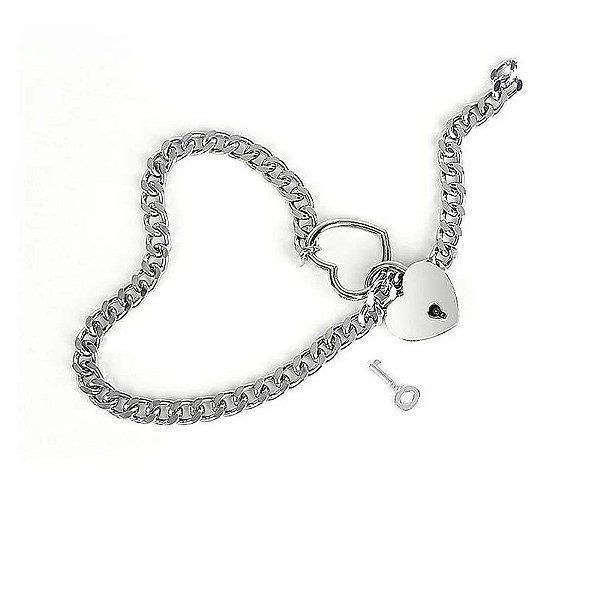 COLAR ENFORCADEIRA DE PRATA COM CADEADO COM CHAVE EM FORMATO DE CORAÇÃO